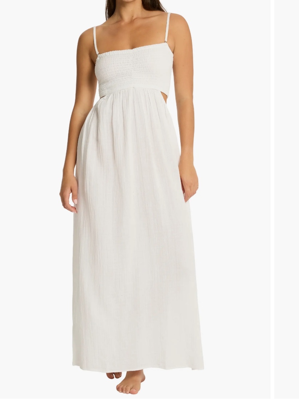 Smocked Bodice Cotton Seersucker Cover-Up Dress